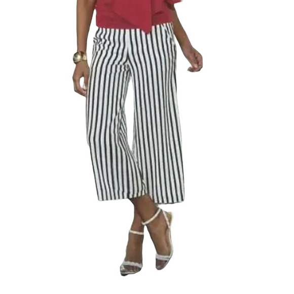 Midnight Velvet Pants - Midnight Velvet Catalog Pant Black & White Striped Gaucho High Waist Wide Leg